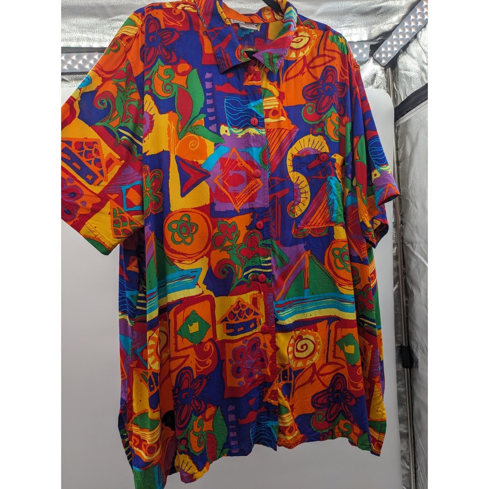 Vintage C.M. Shapes Abstract Geometric Rayon Button Down Shirt Multicolored 3X